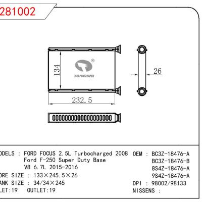 适用于福特Focus 2.5L Tu人bocharged 2008/F-250 Super Duty Base V8 6.7L 2015-2016暖风 OEM : BC3Z-18476-A