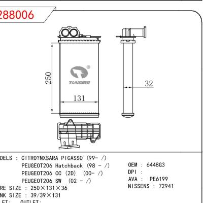 适用于CITRO?NXSARA PICASSO (99- /)/标致206 掀背车 (98 - /)/206 CC (2D) (00- /)/206 SW (02 - /)暖风OEM : 6448G3